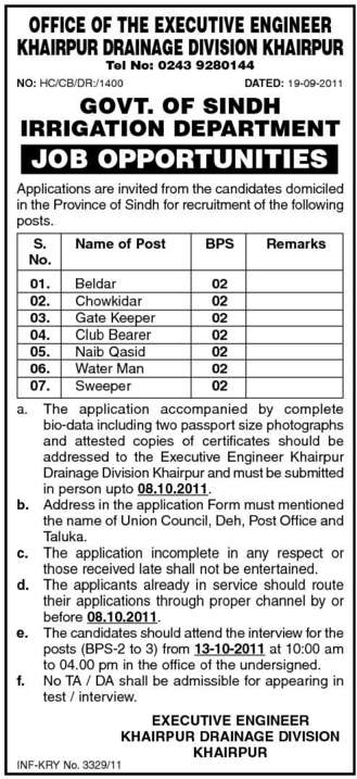 Irrigation Department, Govt. Of Sindh. Job Opportunities