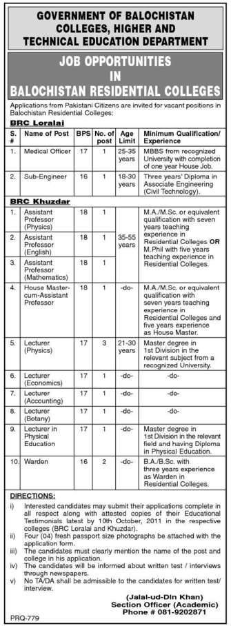 Jobs in Colleges, Higher and Technical Education Department Government of Balochistan