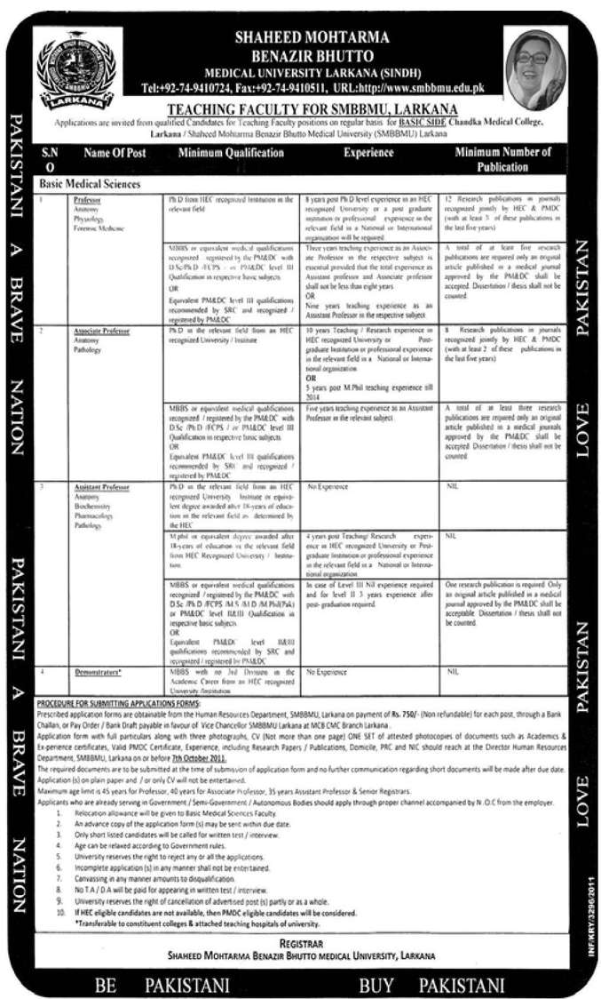 Faculty Required in SMBBMU Larkana