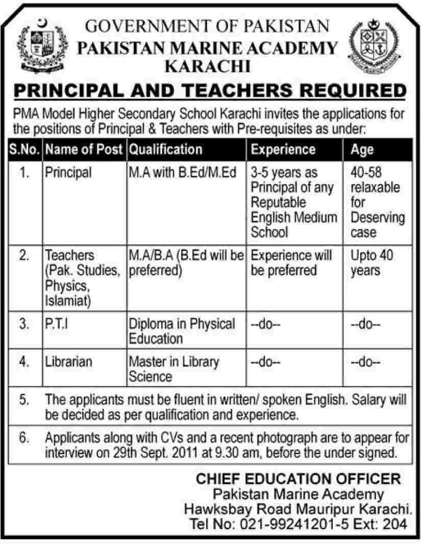 Principal and Teachers Required by Pakistan Marine Academy