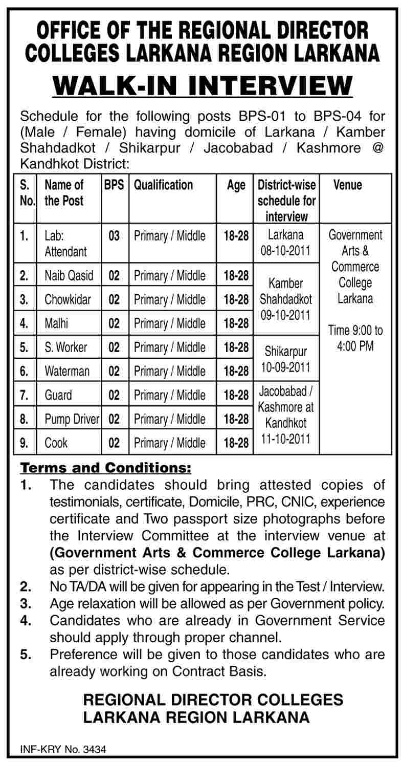 Office of the Regional Director College Larkana, Walk-In Interview