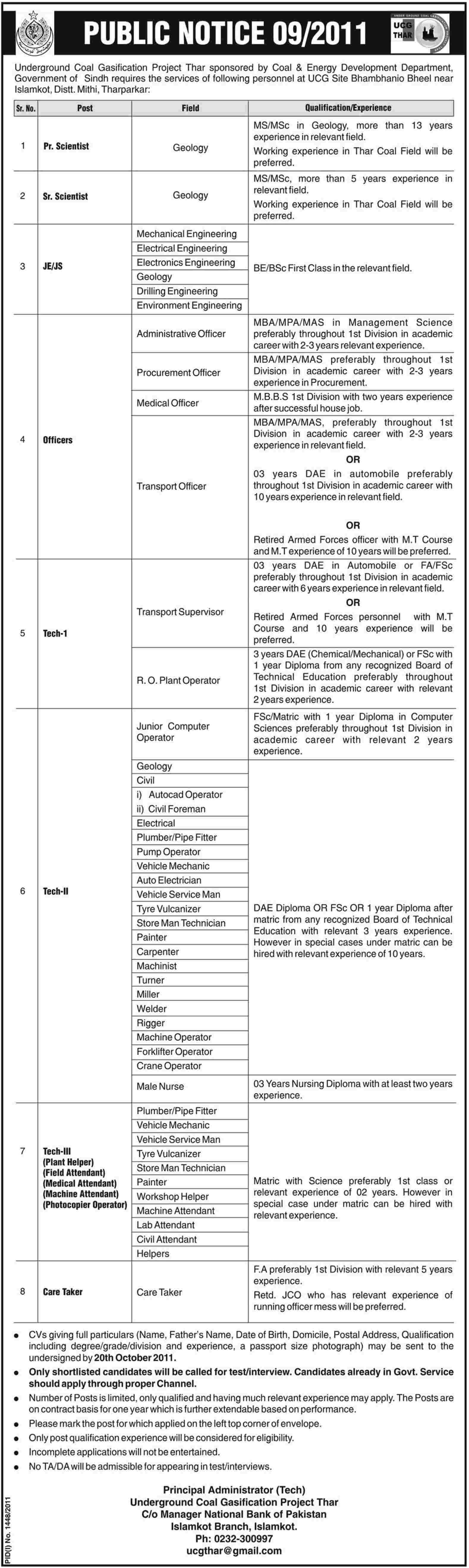 Underground Coal Gasification Project Thar, Government of Sindh Required Staff