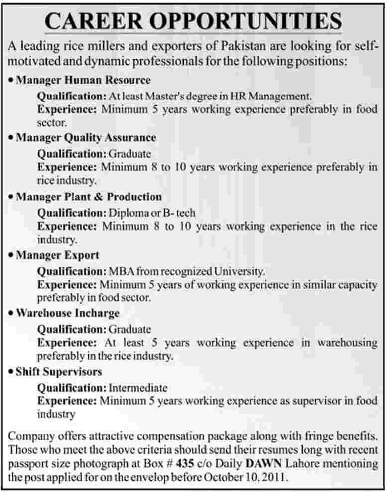Managerical & Supervisory Staff Required by Rice Millers and Exporters of Pakistan
