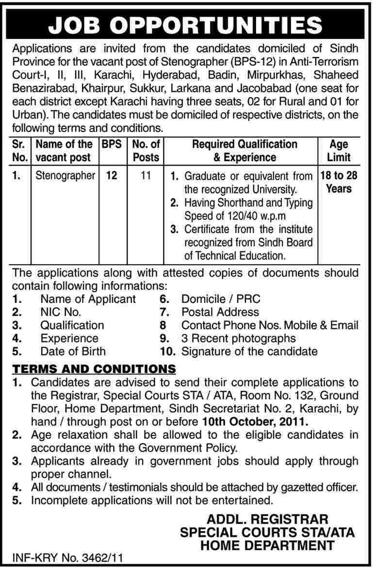 Stenographers Required for the Anti Norcotics Courts