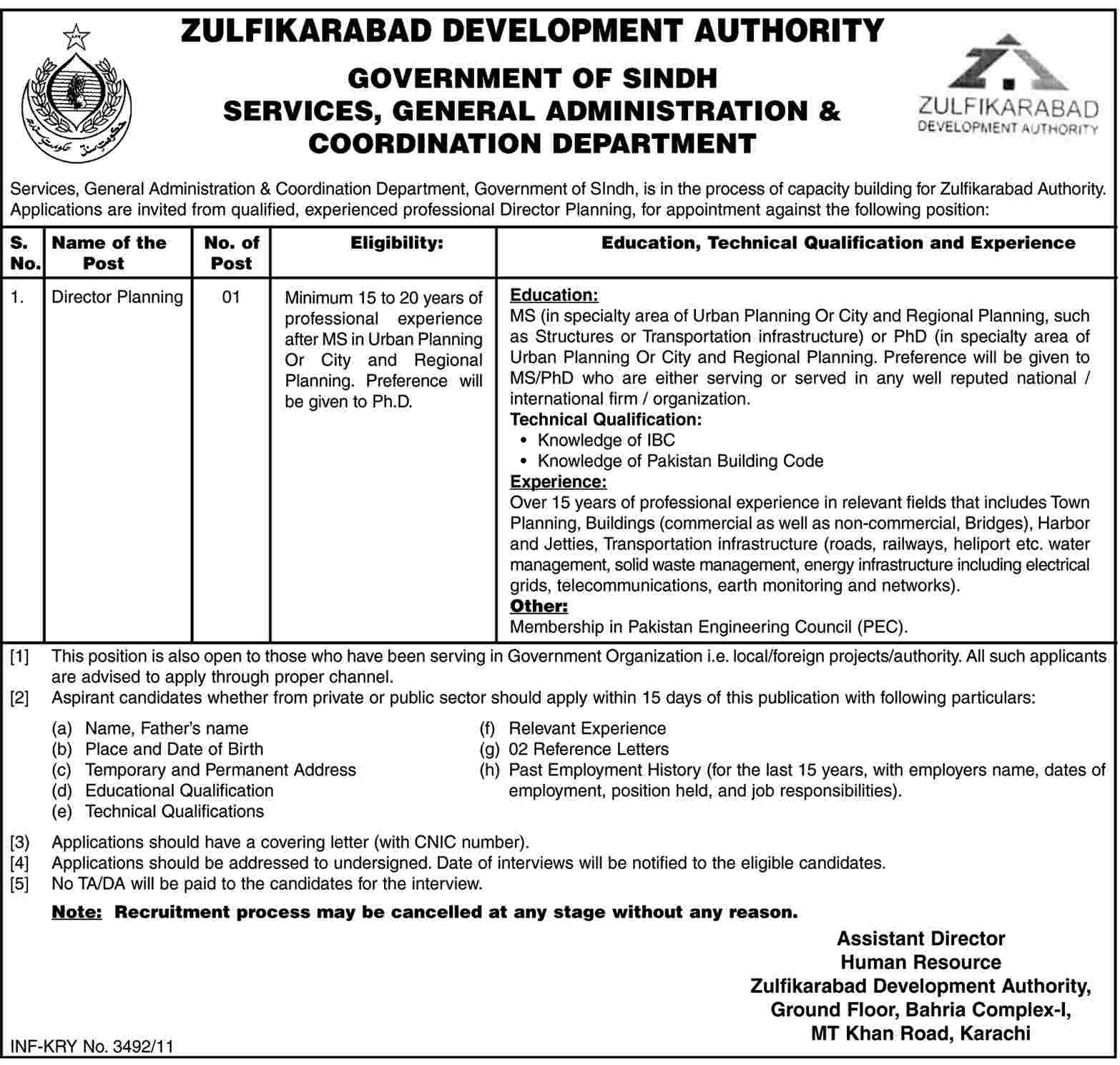 Zulfikarabad Development Authority Required Director Planning