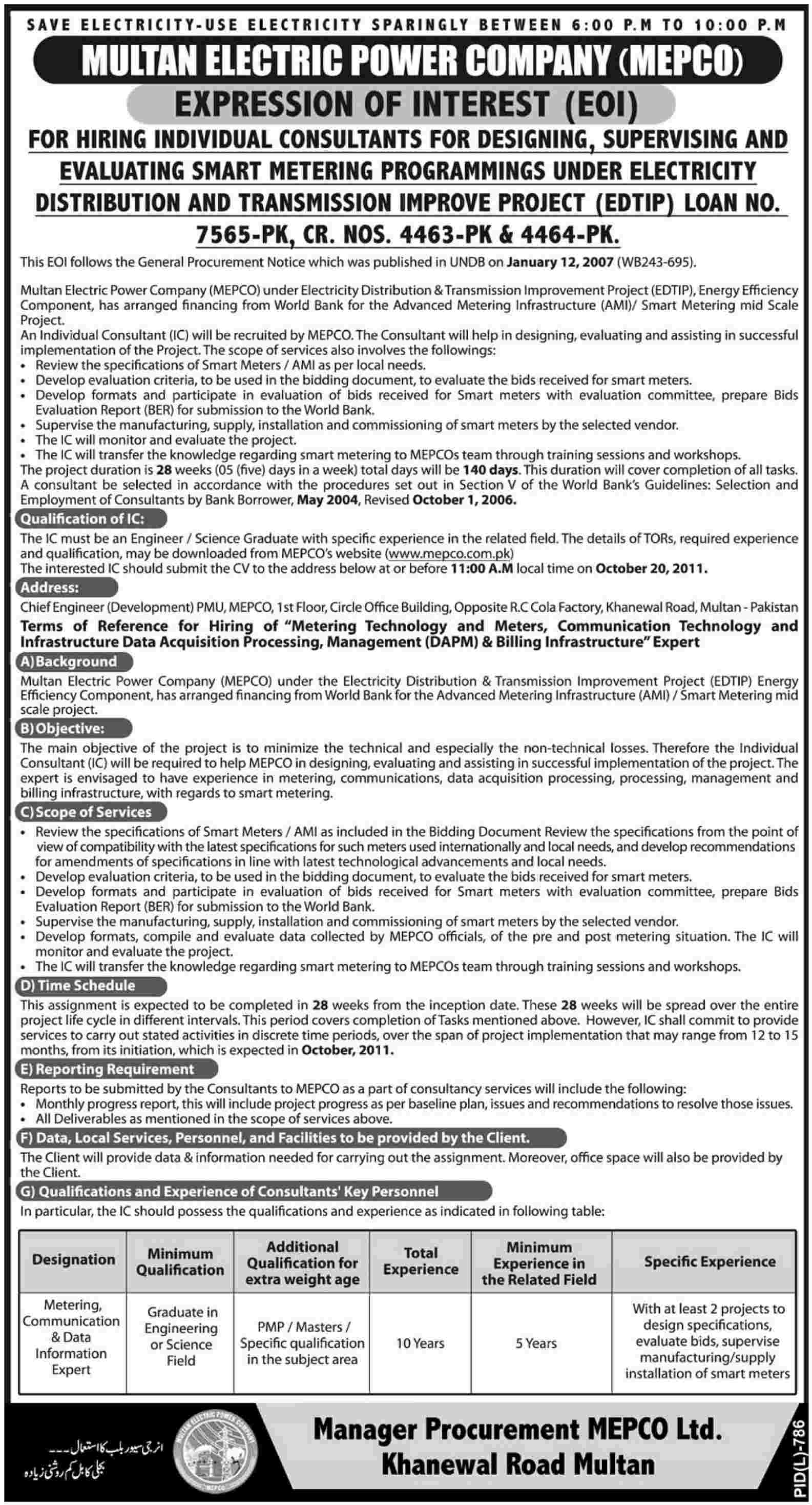 Multan Electric Power Company Required the Services of a Consultant