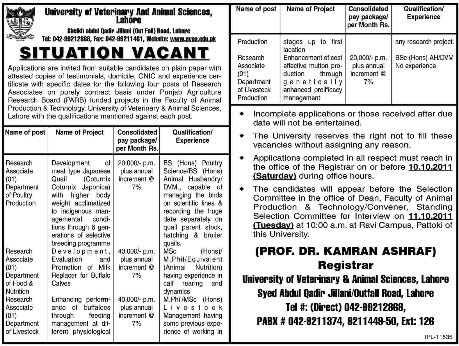 University of Veterinary And Animal Sciences, Lahore Required Research Associates