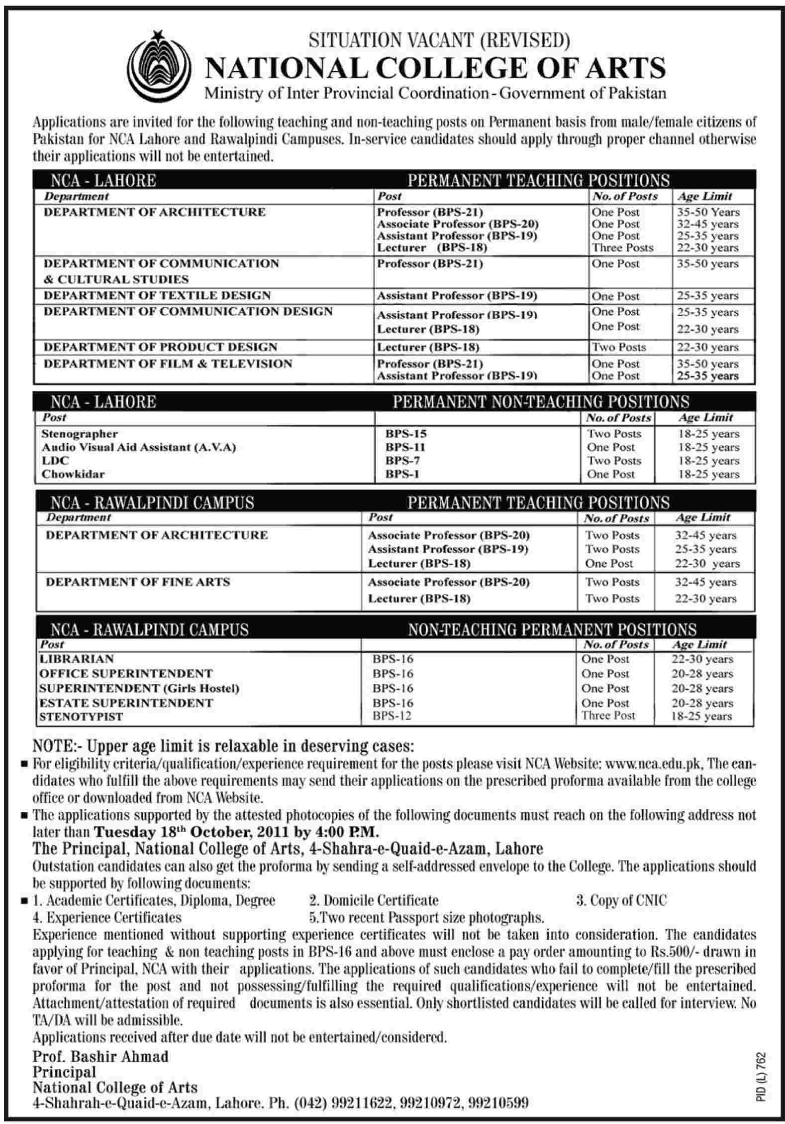 National College of Arts Required Faculty and Admin Staff
