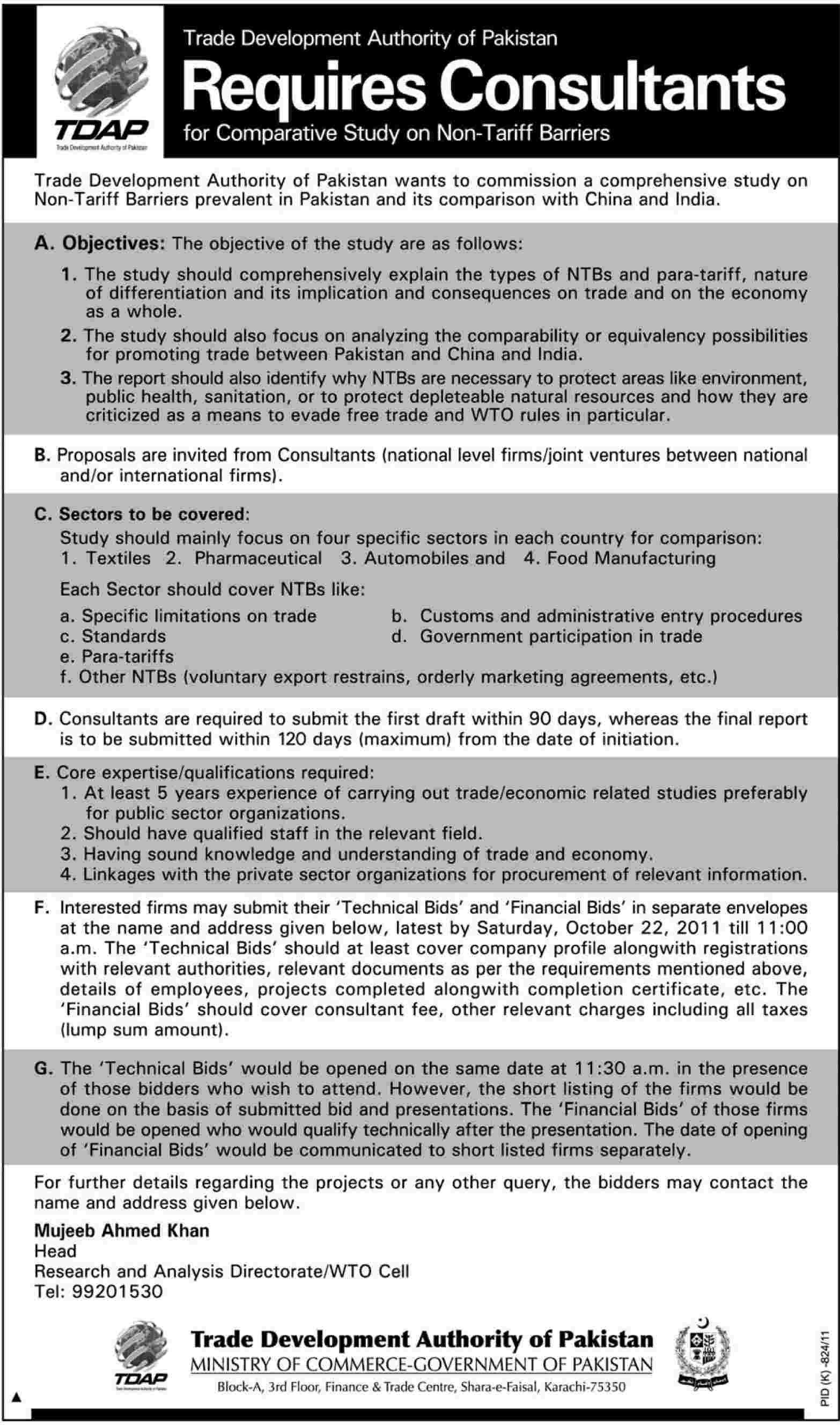 Trade Development Authority of Pakistan Required Services of Consultants