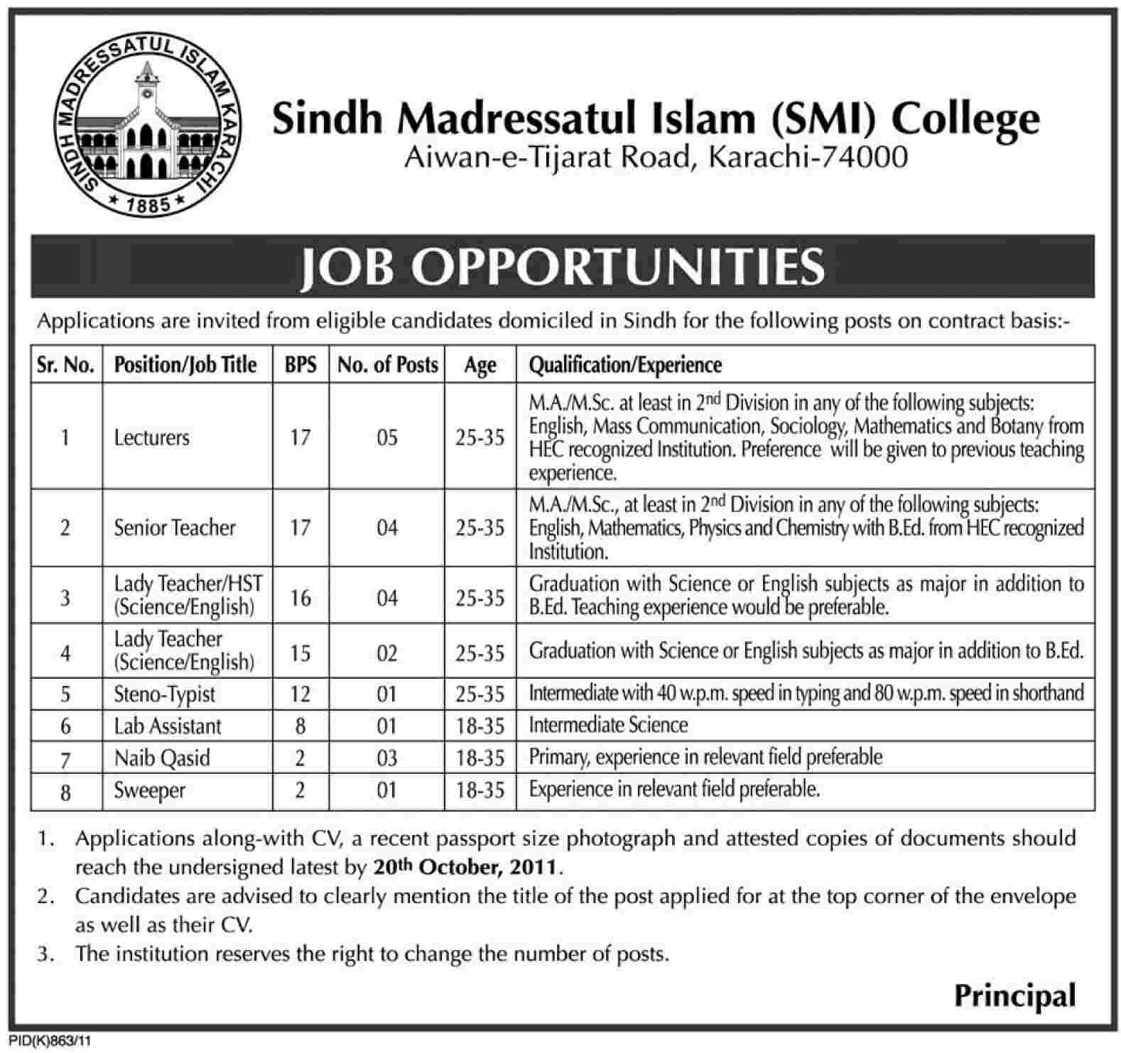Sindh Madressatul Islam Karachi Job Opportunities