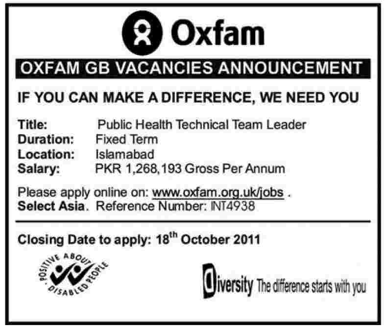 Public Health Technical Team Leader Required by Oxfam