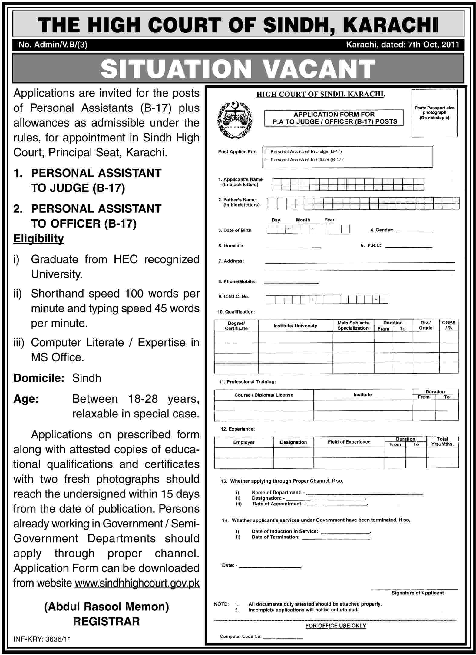 The High Court of Sindh Required Personal Assistants