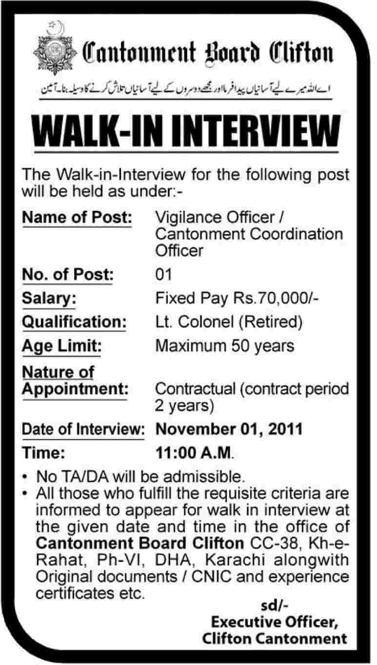 Cantonment Board Clifton Walkin Interviews