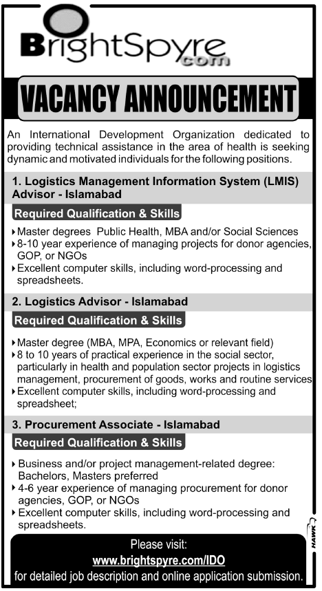 Logistics Advisor & Procurement Associate Required by an International Development Organization