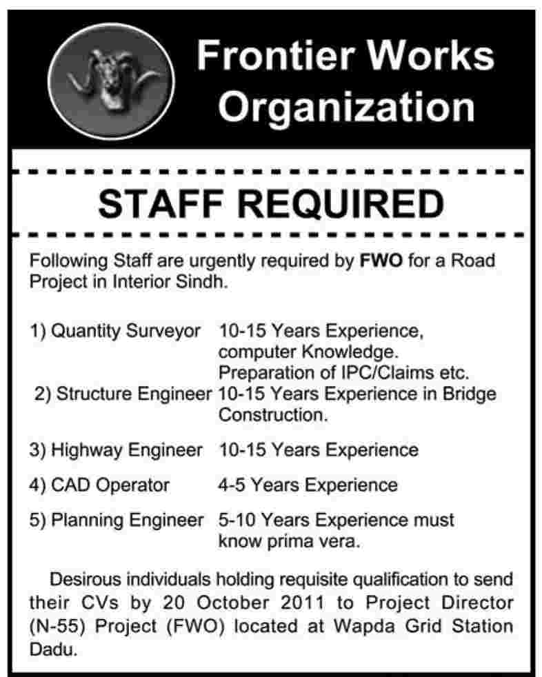 Frontier Works Organization Required Engineers and Surveyor