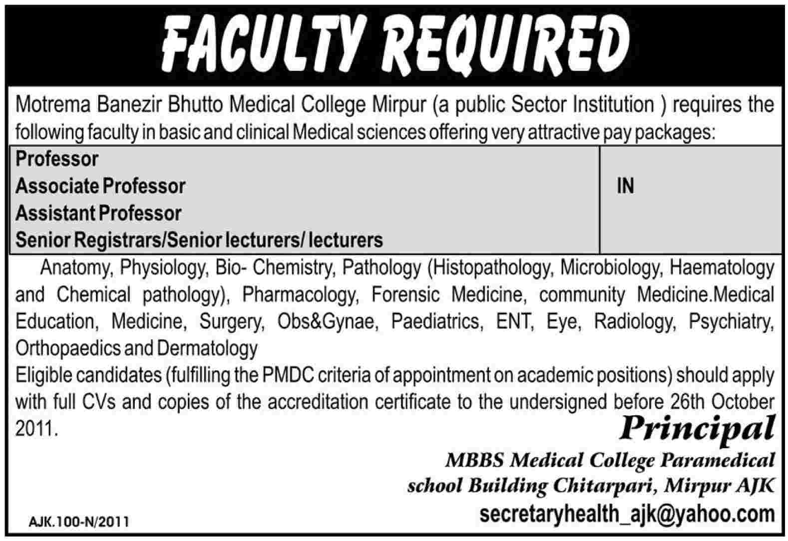 Mohterma Benazir Bhutto Medical College Mirpur Required Faculty