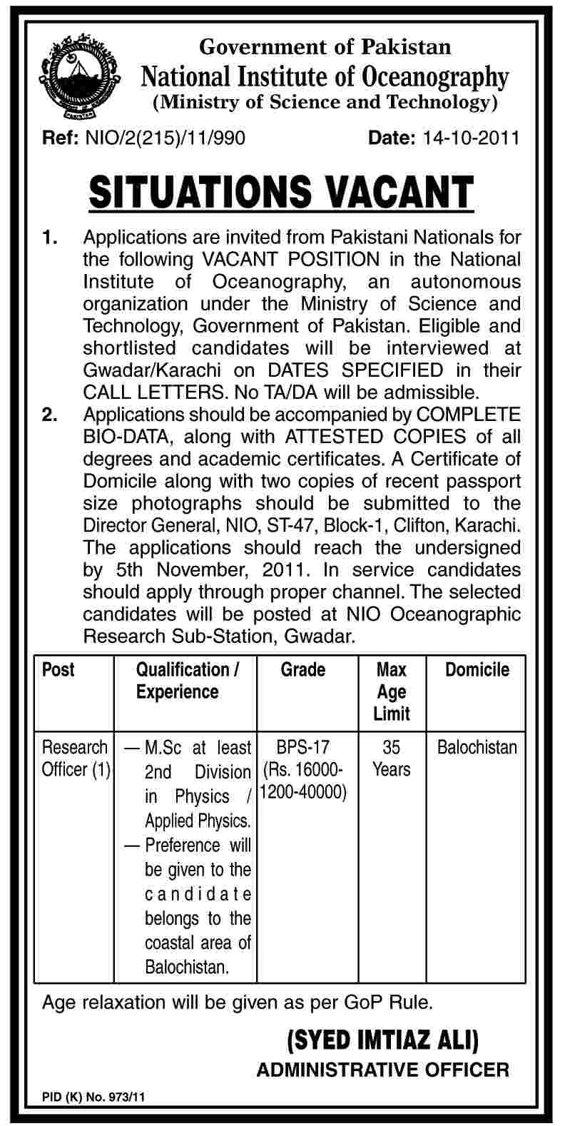 National Institute of Oceanography, Ministry of Science and Technology, Job Opportunity