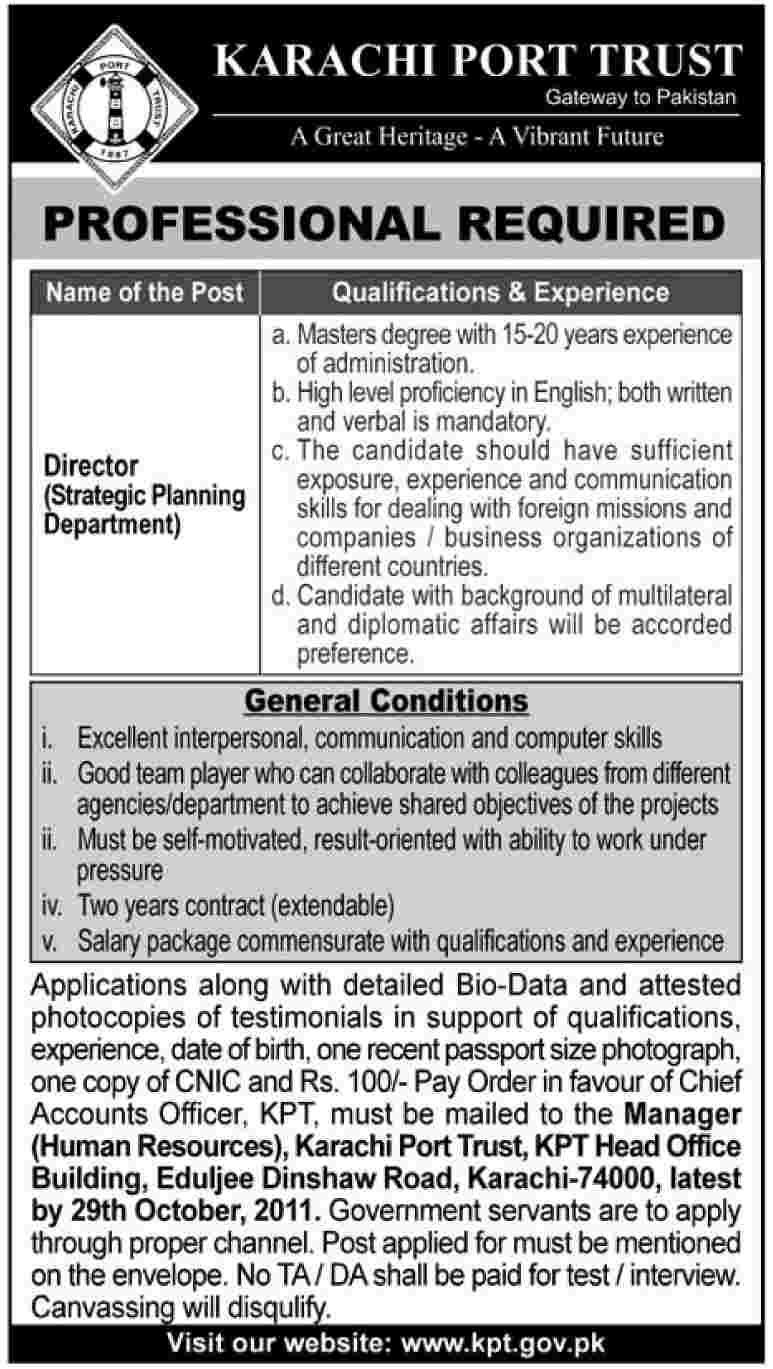 Karachi Port Trust Required the Services of Director (Strategic Planning Department)