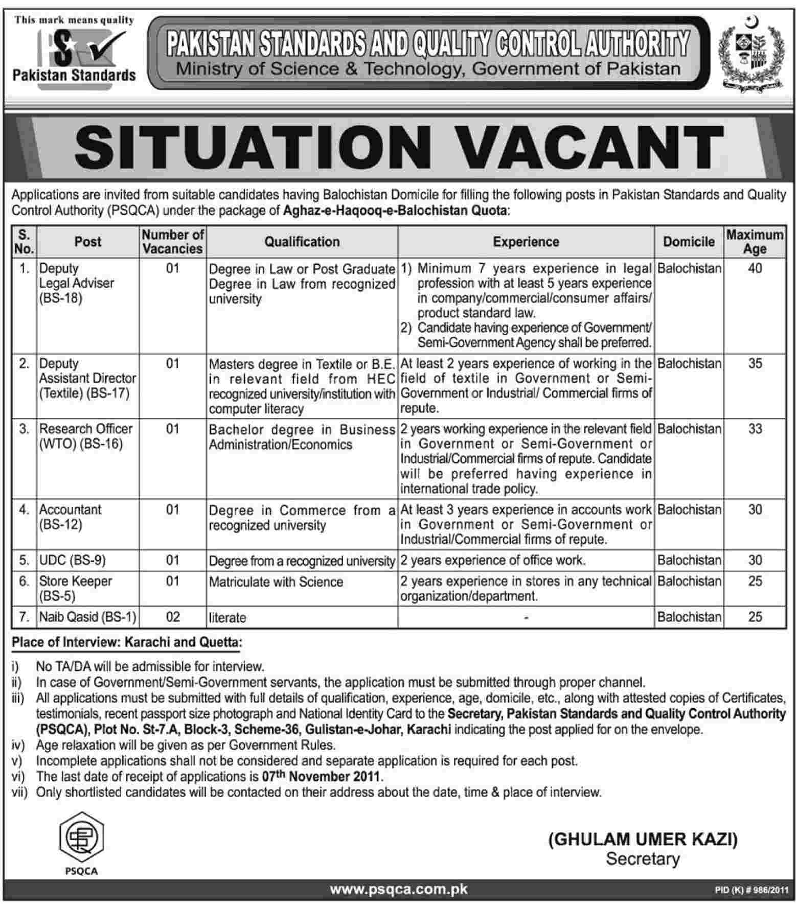Pakistan Standards and Quality Control Authority, Jobs Opportunities