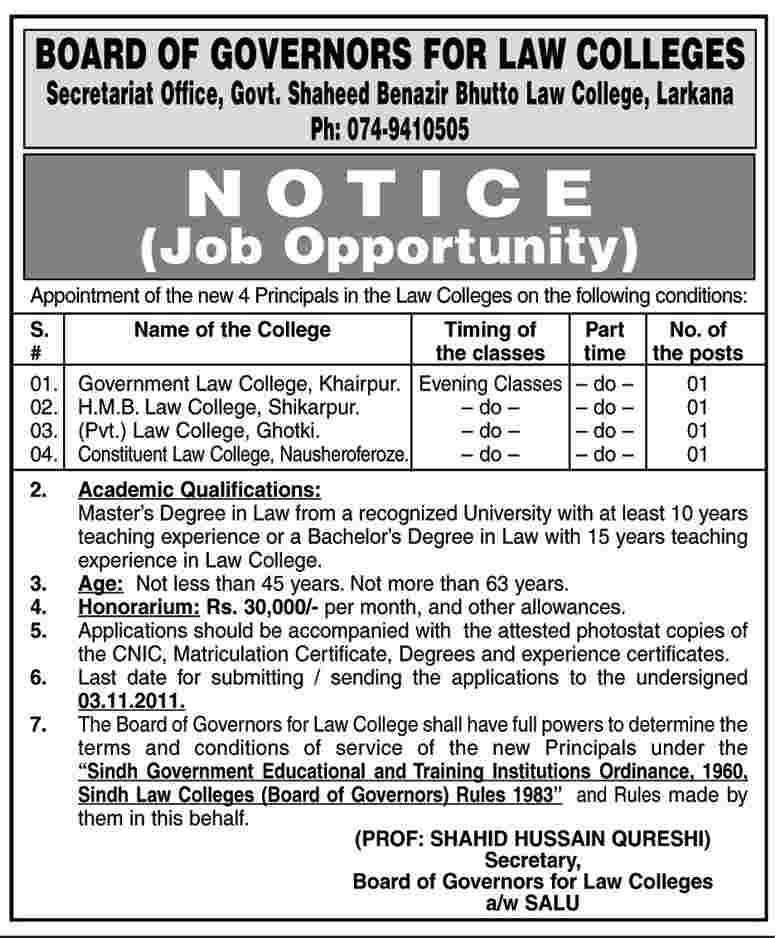 Board of Governors For Law College, Secretariat Office, Govt. Shaheed Benazir Bhutto Law College, Larkana Job Opportunities