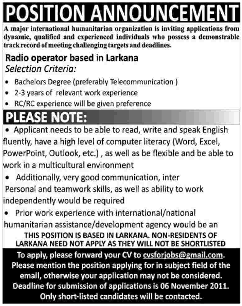 Radio Operator Based in Larkana Required by International Humanitarian Organization