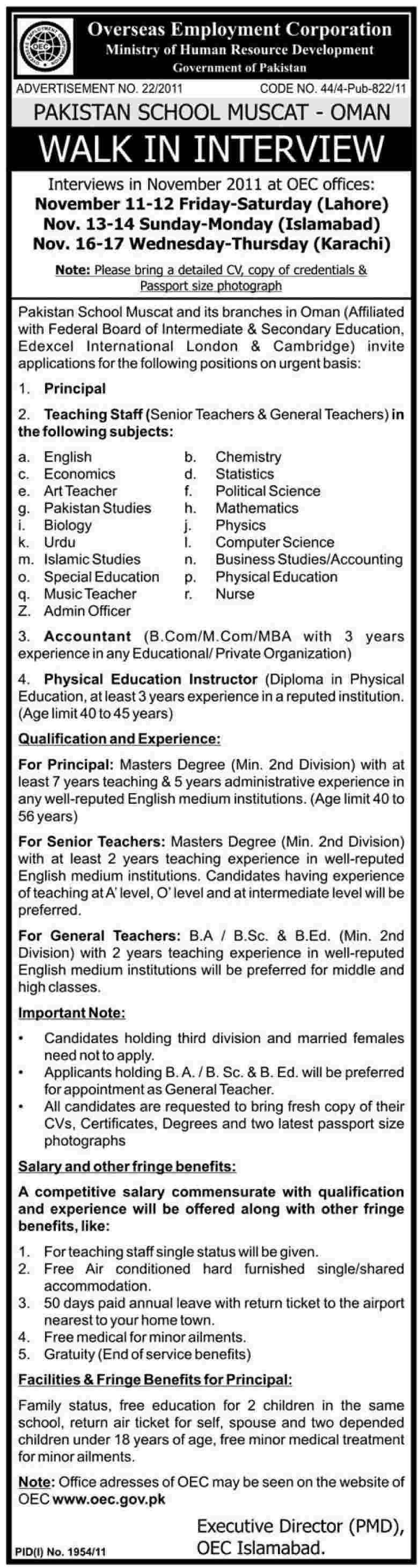 Pakistan School Muscat Oman Required Staff