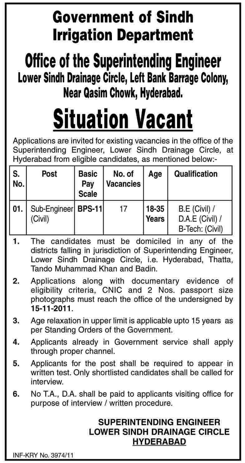 Government of Sindh Irrigation Department Required Sub Engineer (Civil)