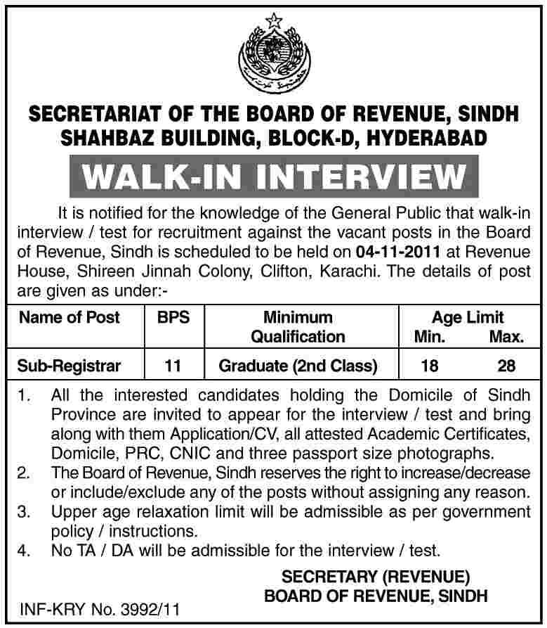 Secretariat of the Board of Revenue, Sindh Required the Services of Sub-Registrar
