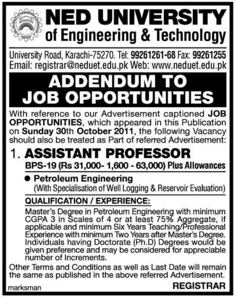 NED University of Engineering & Technology Job Opportunities