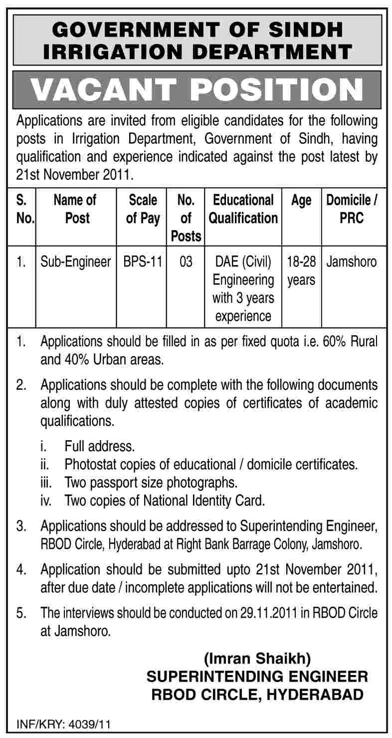 Sub Engineer Required by Irrigation Department, Government of Sindh