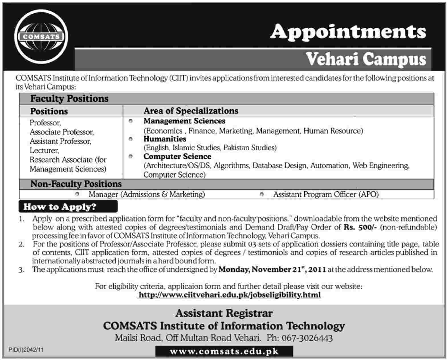 COMSATS Required Faculty & Non-Faculty Positions For Vehari Campus