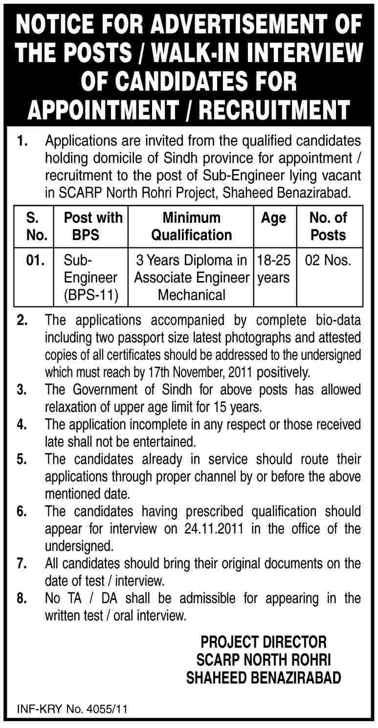 Sub Engineers Required for SCARP North Rohri Project, Shaheed Benazirabad