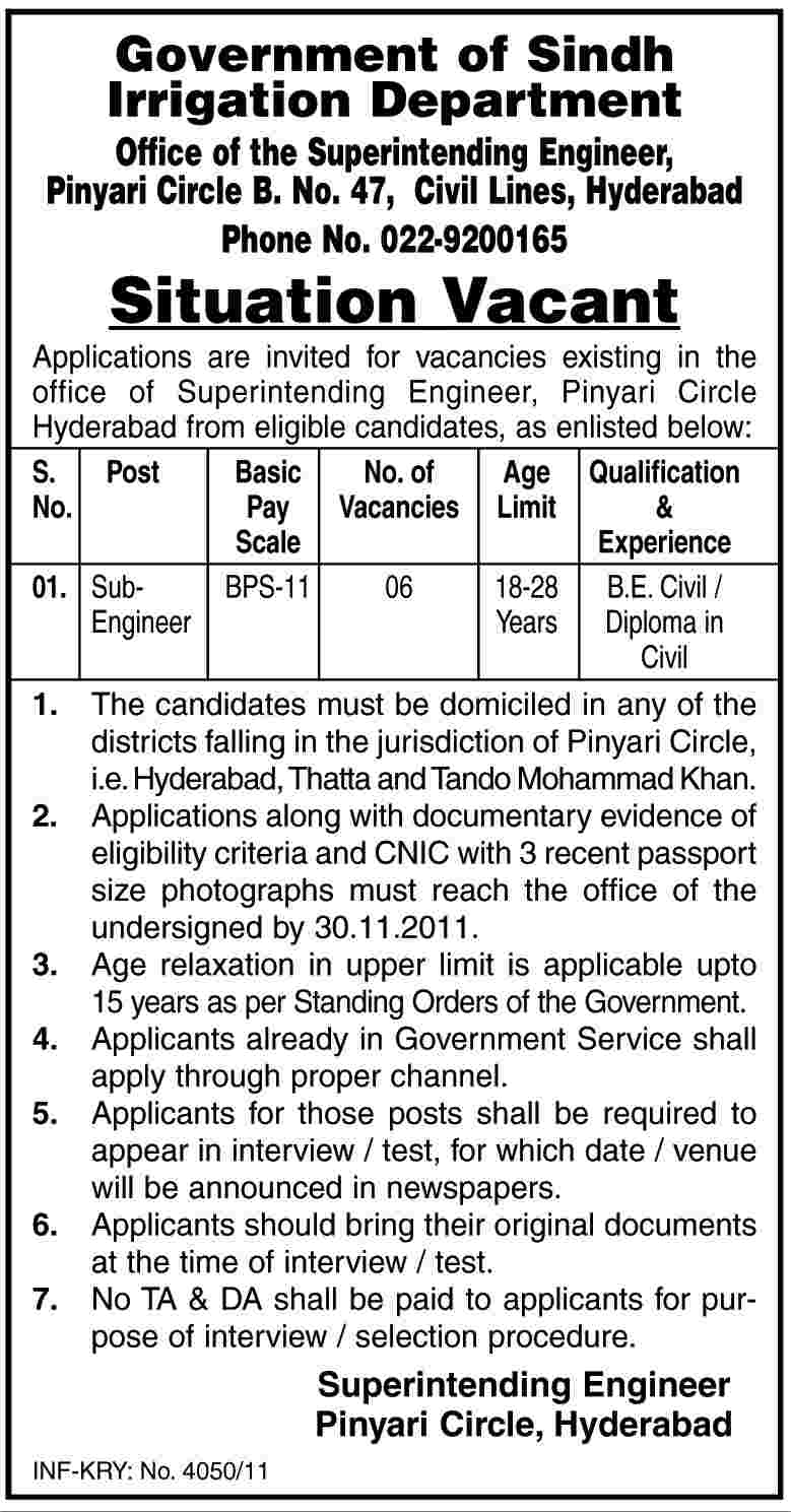 Sub Engineers Required by Irrigation Department, Government of Sindh