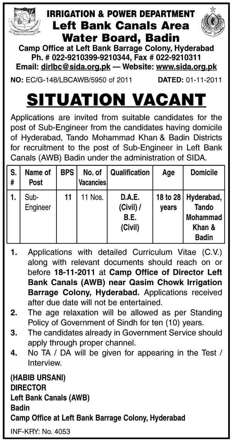 Sub Engineer Required by Irrigation Department & Power Department