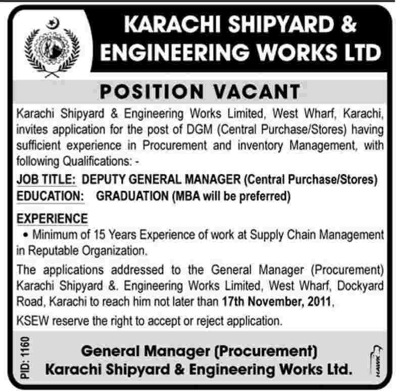 Karachi Shipyard and Engineering Works Limited Required Deputy General Manager
