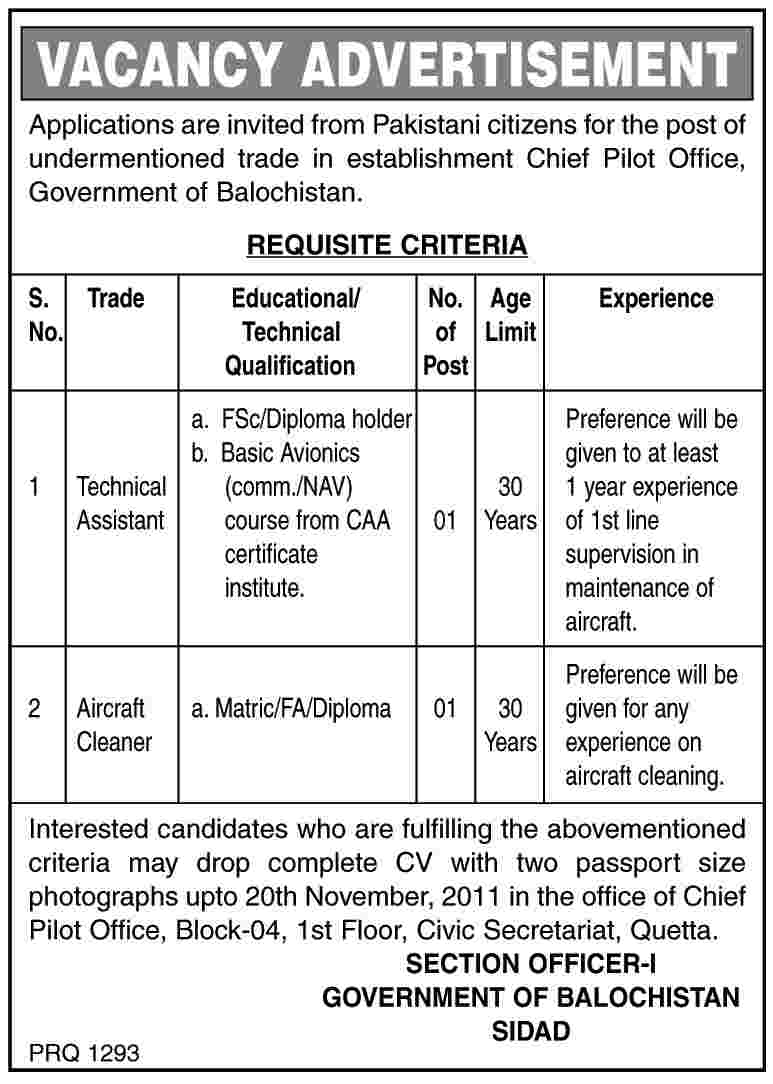 Technical Assistant and Aircraft Cleaner Required by The Chief Pilot office, Government of Balochistan
