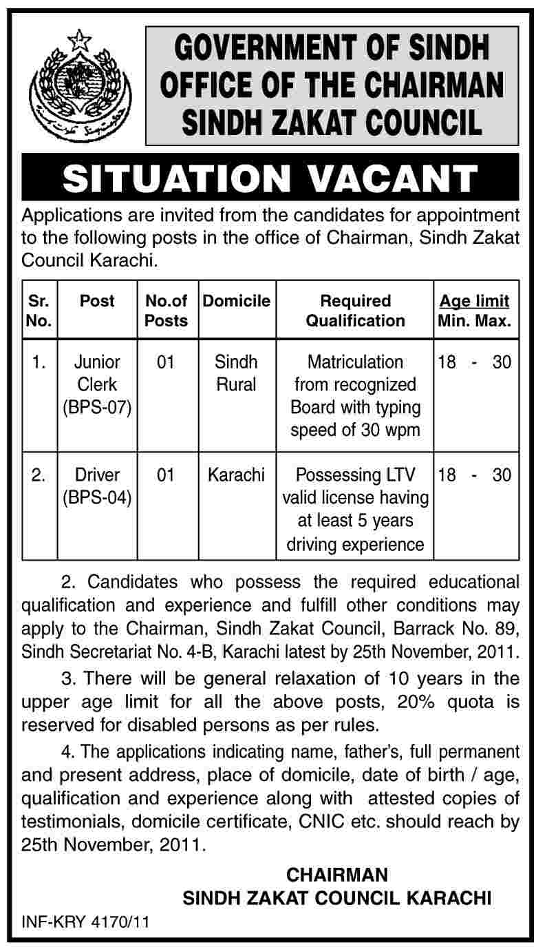 Office of the Chairman Sindh Zakat Council, Government of Sindh Jobs Opportunity