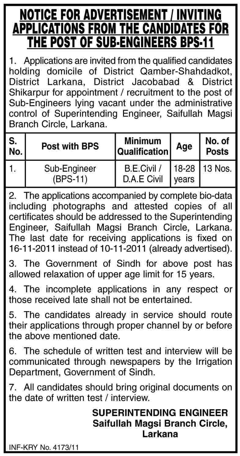 Sub Engineers Required by Sindh Government