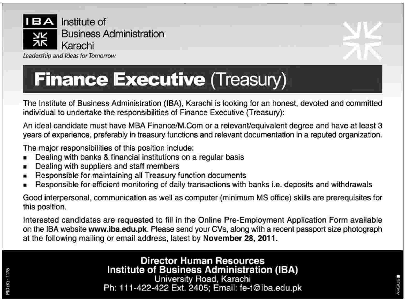 Finance Executive Required by IBA Karachi