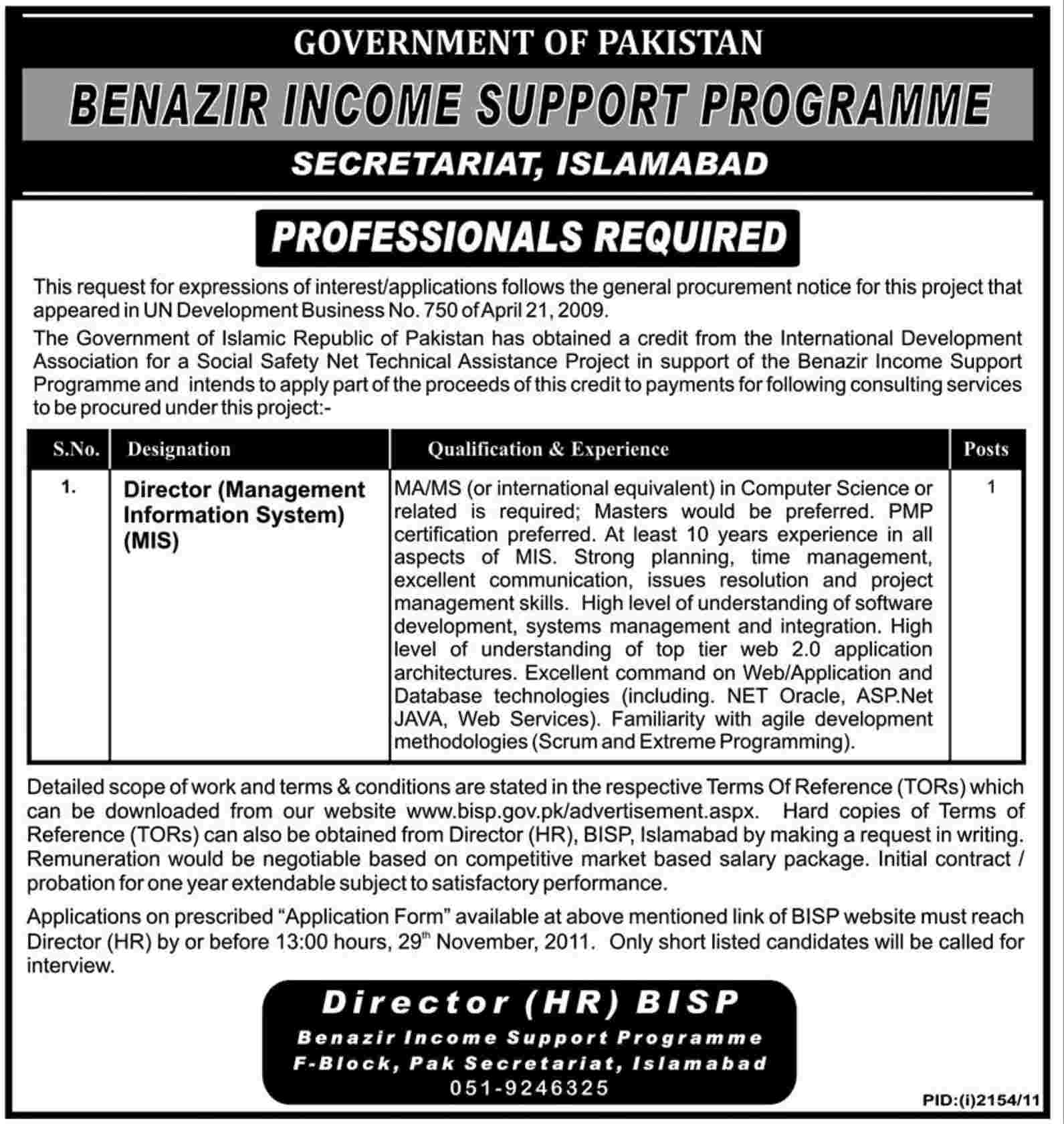 Benazir Income Support Programme Required Director (MIS)