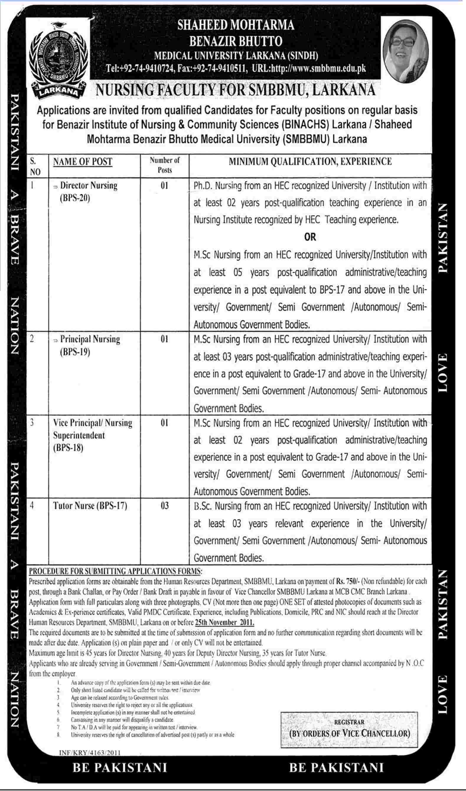 Shaheed Muhtarma Benazir Bhutto Medical University (SMBBMU) Larkana Sindh, Required Nursing Faculty