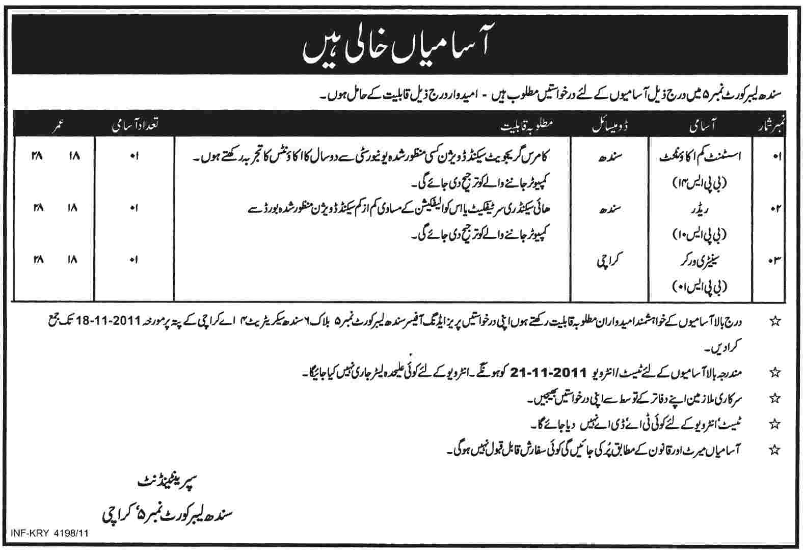 Sindh Labour Court No. 5, Karachi, Jobs Opportunity