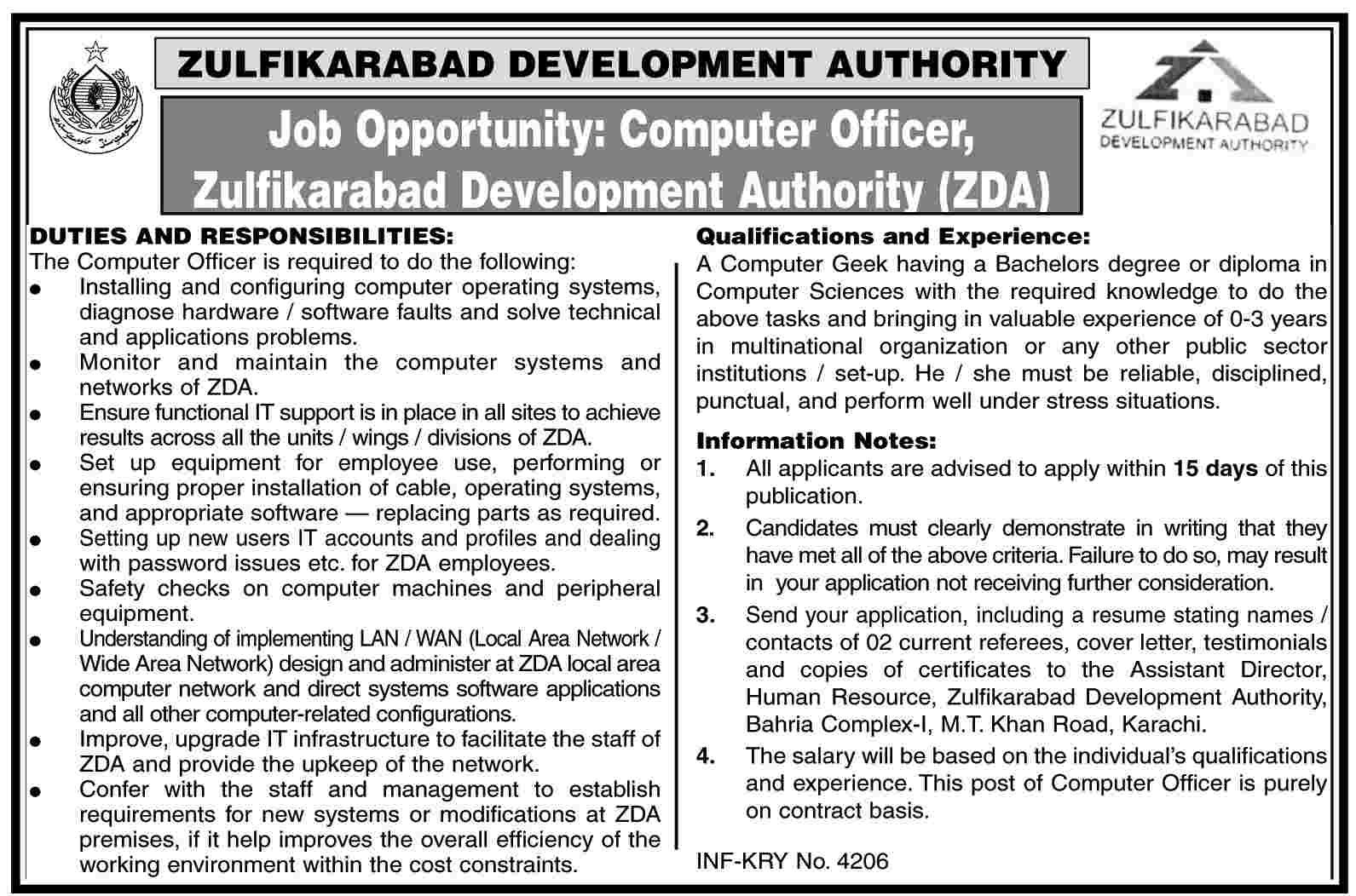 Zulfiqarabad Development Authority Required Computer Officer
