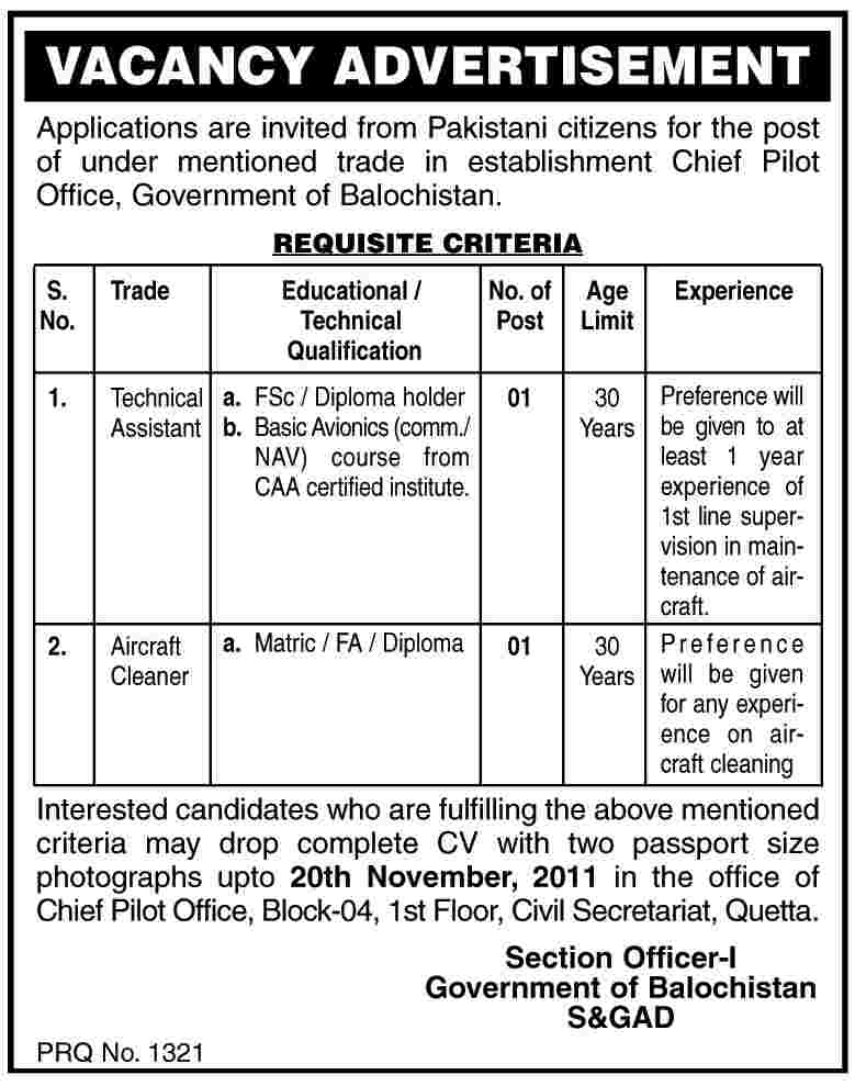 Technical Assistant and Aircraft Cleaner Required by The Chief Pilot office, Government of Balochistan