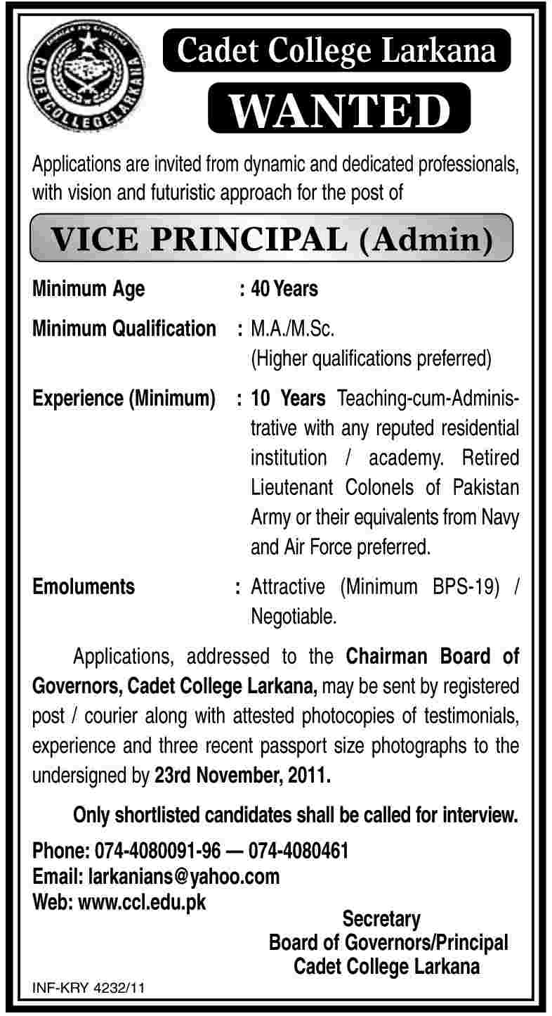 Cadet College Larkana Required the Services of Vice Principal (Admin)