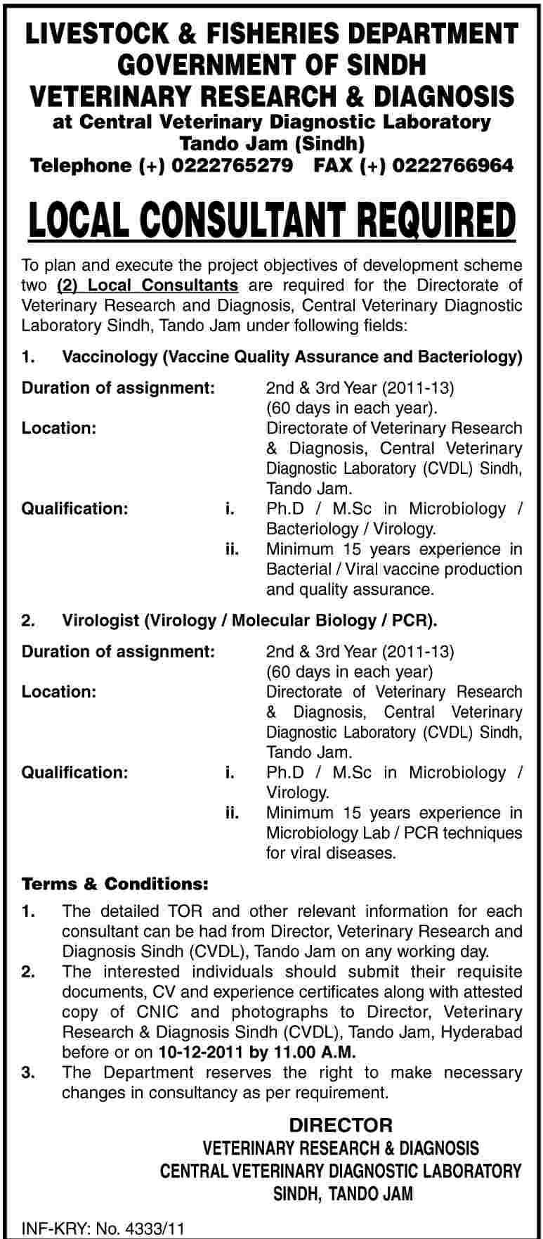 Local Consultant Required by Livestock & Fisheries Department Government of Sindh