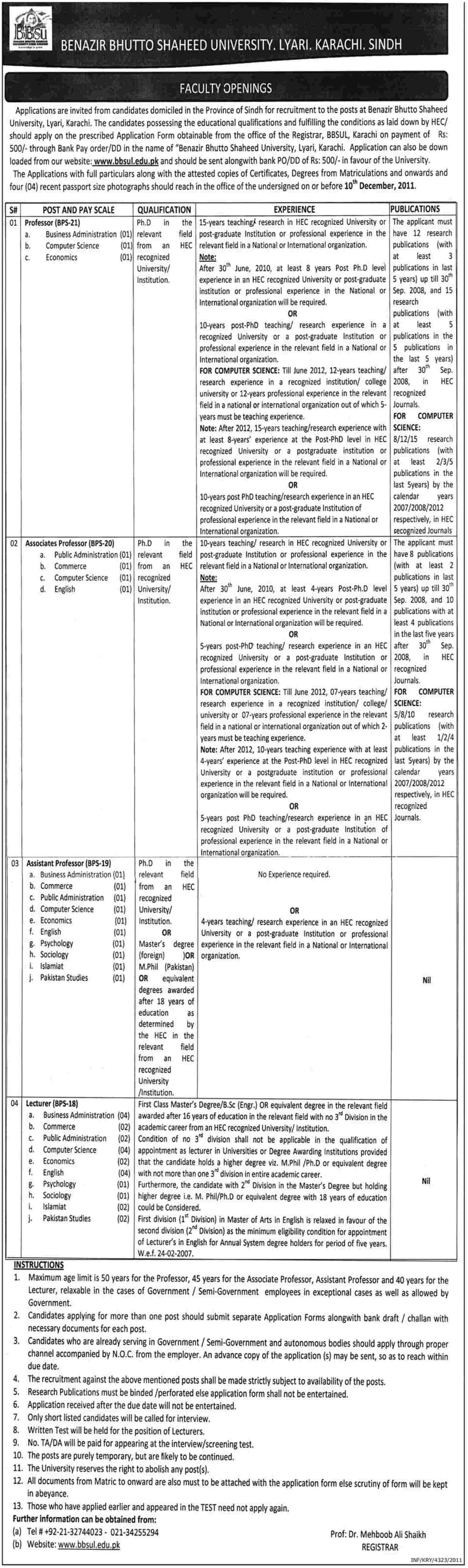 Benazair Bhutto Shaheed University Karachi Required Faculty