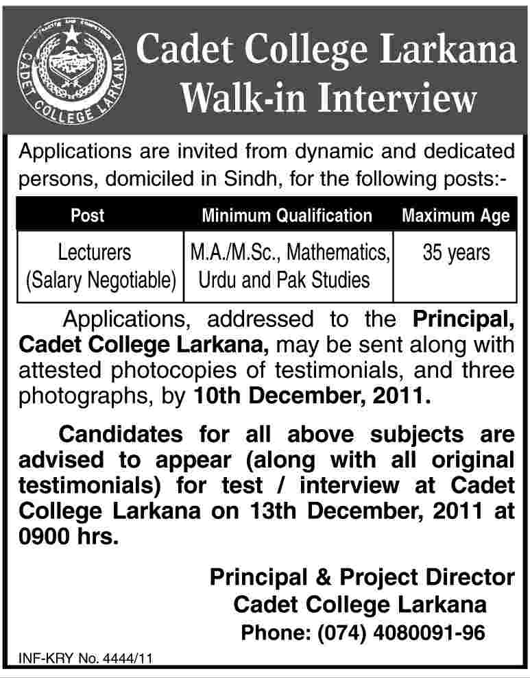 Cadet College Larkana Required Lecturers