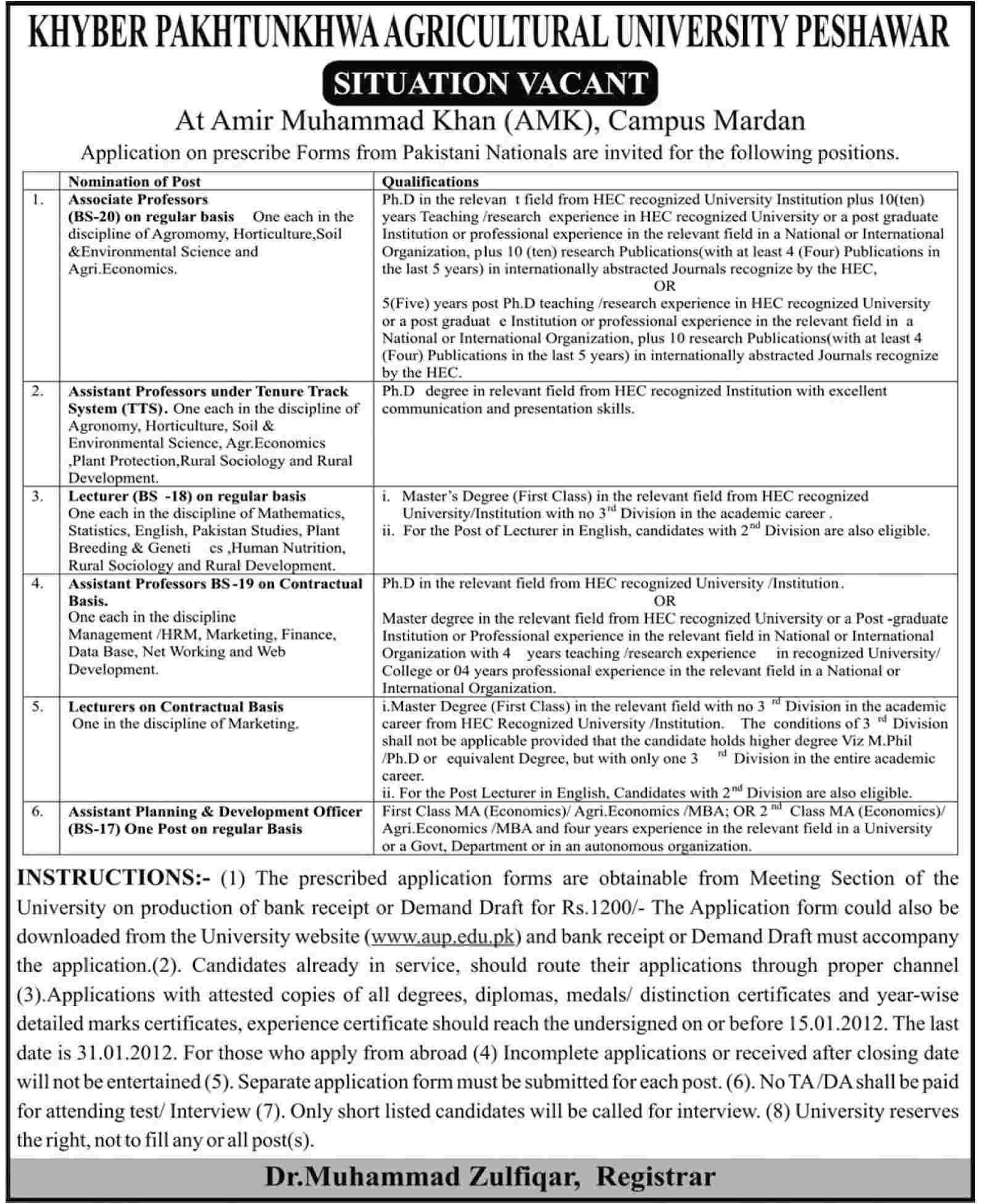 KPK Agriculture University Peshawar Required Faculty