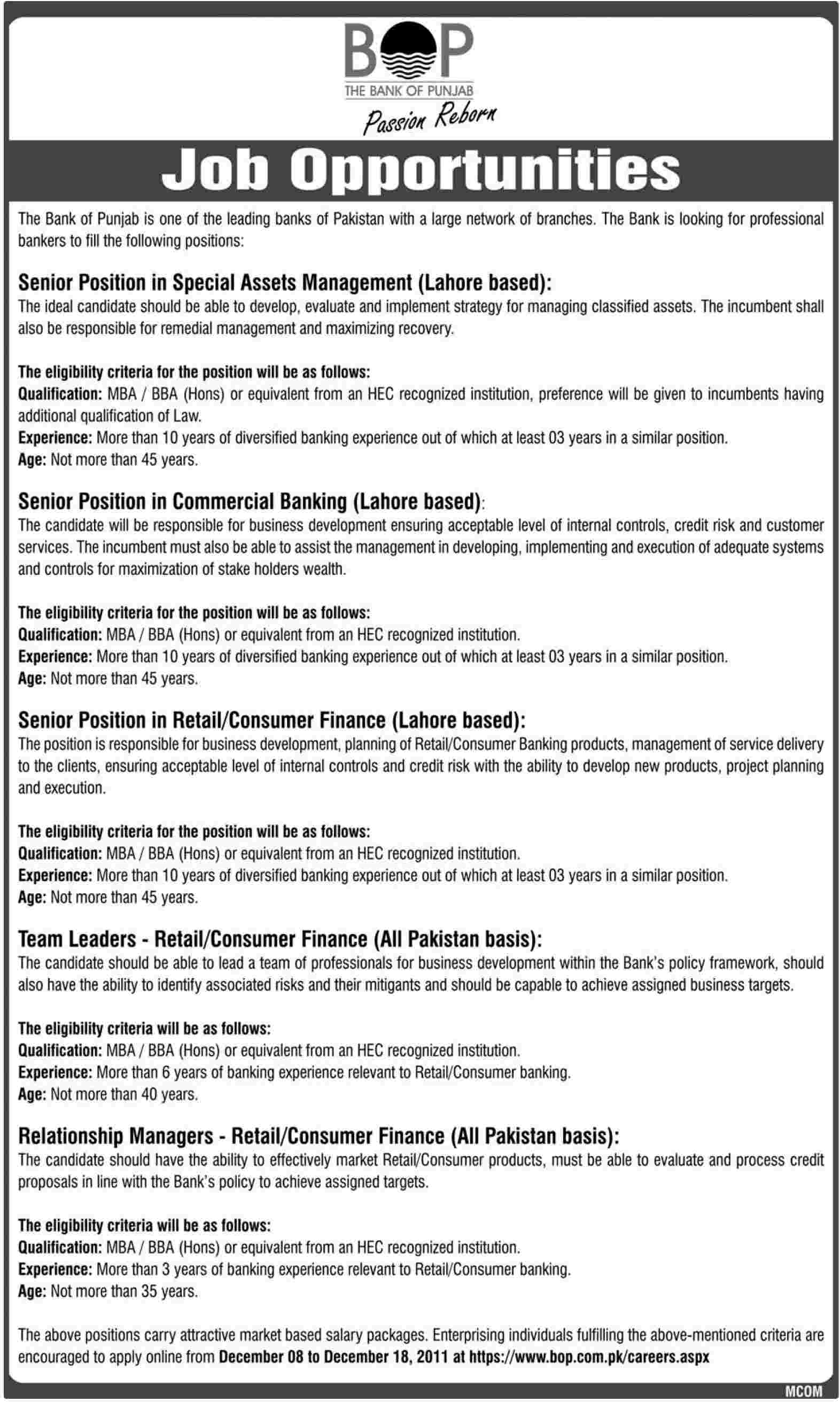 The Bank of Punjab Job Opportunities